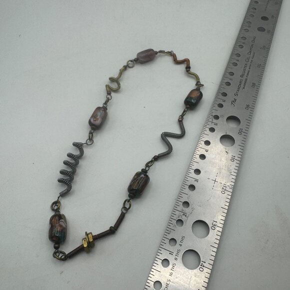 Mixed Metal Beaded Necklace Glass Accents Spiral S Hook Closure 17 Inch Unique - Picture 4 of 5